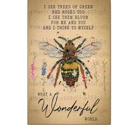 YAASIMOULE Póster y lienzo de abeja: ¡Qué mundo tan maravilloso! Flores que veo, árboles de rosas rojas y verdes, arte de pared rústico vintage, decoración del hogar.