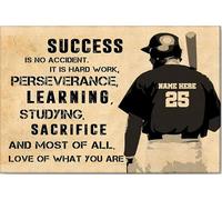 YAASIMOULE Póster y lienzo de béisbol personalizado: El éxito no es casualidad, cita inspiradora, arte de pared con nombre y número personalizados, decoración del hogar para hijo o hijo.