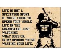 YAASIMOULE Póster y lienzo de béisbol personalizado: La vida no es un espectador, deporte, arte de pared inspirador, nombre personalizado, número, decoración del hogar para hijo/a.