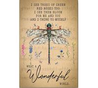 YAASIMOULE Póster y lienzo de libélula: ¡Qué mundo tan maravilloso! Flores que veo, árboles de rosas rojas y verdes, arte de pared rústico vintage, decoración del hogar.