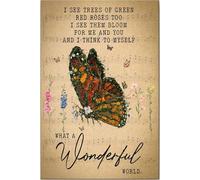 YAASIMOULE Póster y lienzo de mariposas: ¡Qué mundo tan maravilloso! Flores que veo, árboles de rosas rojas y verdes, arte de pared rústico vintage, decoración del hogar.