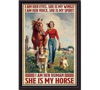 YAASIMOULE Póster Yo soy su humano, Ella es mi caballo, Arte de pared de animales, Regalo para amantes, Jinete, Vaquero, Decoración de granja, Impresiones en lienzo mate enmarcadas