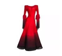 Yaaxinb Ropa de Baile de Mujeres, vals Moderno, cha cha, con Mangas largas, Falda de Gran Vuelo con Degradado, Trajes líricos para Baile de salón.,Rojo,L