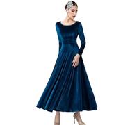 Yaaxinb Vestido de Baile de salón de Terciopelo para Mujer, vals Moderno, Manga Larga, Adulto, cha cha, Rumba, Ropa de Baile Flamenco,Azul,XXL