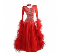 Yaaxinb Vestido de Baile de Salón para Mujer con Transparencias Pedrería Plumas Vestidos de Vals Moderno Competición Manga Larga Flamenco Ropa para Espectáculo Profesional Fiesta,Rojo,L