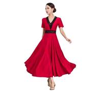 Yaaxinb Vestido de Baile de Salón para Mujer Vals Moderno Cha Cha Vestido de Competición Profesional Mangas Cortas Falda de Flamenco,Rojo,S