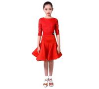 Yaaxinb Vestido de Baile Latino de Encaje para niñas, de Manga Media, Profesional, para Tango, Salsa, Rumba y Samba,Rojo,3XL