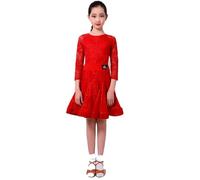 Yaaxinb Vestido de Baile Latino para Niñas con Mangas de Encaje, Profesional para Tango, Salsa, Cha Cha, Ropa de Baile de Salón para Actuación,Rojo,M