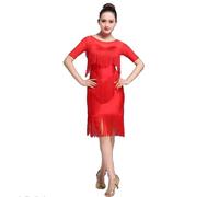 Yaaxinb Vestido de Competencia de Baile de salón Latino Femenino: Tango, Salsa, Franja, Rumba, vals, cha cha, Falda de práctica,Rojo,L