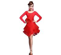 Yaaxinb Vestido de competición de Baile Latino Femenino con Flecos, Falda de práctica para vals, cha cha, Tango, Salsa y Baile de Fiesta.,Rojo,L