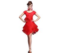 Yaaxinb Vestido de competición de Baile Latino para Mujeres con Flecos, Mangas Cortas, para Waltz, Baile de salón, cha cha, Salsa, Falda de práctica,Rojo,L