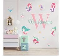 yabaduu Pegatina de pared personalizada acuarela animales con nombre, pegatina de pared para habitación infantil, habitación de bebé, sala de juegos, niña y niño Y037 (Con nombre, 21 Sirenas)