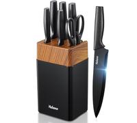 Yabano Juego de Cuchillos de Cocina 7 Piezas con Bloque y Afilador Integrado, Lamas de Acero Inoxidable Ultra Afiladas, Bloque de Plástico Resistente (Negro)