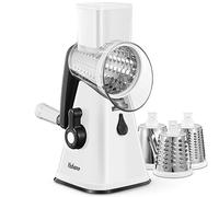 Yabano Rallador giratorio de queso, cortador de verduras con 3 cuchillas de tambor reemplazables de acero inoxidable, triturador de queso con asa, rallador fácil de limpiar para frutas, verduras