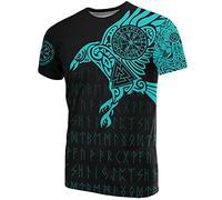 YABEME Camiseta Vikinga para Hombre, Estampado 3D, Mitología Nórdica, Tatuaje de Cuervo, Camisetas, Regalo de Motociclista,Azul,L