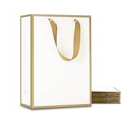 YACEYACE Bolsas de regalo blancas con marco dorado, 10 bolsas de regalo de 8 x 4.25 x 10.5 pulgadas, bolsas de regalo medianas a granel, bolsas de papel grueso, bolsas de boutique, bolsas de