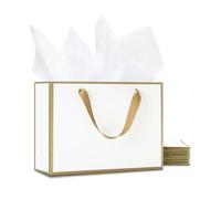 YACEYACE Bolsas de regalo blancas con papel de seda, 10 bolsas de regalo blancas de 10 x 8 x 4.25 pulgadas, marco dorado a granel, bolsas de regalo medianas, bolsas de paty, bolsas de boda, bolsa de