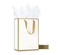 YACEYACE Bolsas de regalo blancas con papel de seda, 10 bolsas de regalo blancas de 8 x 10 x 4.25 pulgadas, marco dorado a granel, bolsas de regalo medianas para patadas, bodas, damas de honor,