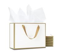 YACEYACE Bolsas de regalo blancas con papel de seda, 20 bolsas de regalo blancas de 10 x 8 x 4.25 pulgadas, marco dorado a granel, bolsas de regalo medianas para patadas, bodas, damas de honor,