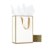 YACEYACE Bolsas de regalo blancas con papel de seda, 20 bolsas de regalo blancas de 8 x 10 x 4.25 pulgadas, marco dorado a granel, bolsas de regalo medianas para patadas, bodas, damas de honor,