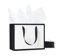 YACEYACE Bolsas de regalo blancas y negras con papel de seda, 10 bolsas de regalo blancas de 10 x 8 x 4.25 pulgadas con asas de cinta, bolsas de regalo medianas, bolsas de cumpleaños, bolsas de fiesta