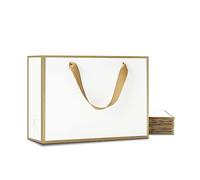 YACEYACE - Bolsas de regalo de tamaño mediano, 10 unidades de 10.5 x 4 x 8 pulgadas, bolsas de regalo blancas a granel con asas de cinta, bolsas de regalo de papel con marco dorado, bolsas de regalo