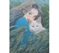 yade-show Kit de punto de cruz de 11 ct, kit de bordado, kit de manualidades, patrón de punto de cruz impreso (Niña y gato en la hierba, tamaño mediano)-40X50CM