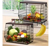 YADOBIG 2 Piezas Colgante Cesta de Fruta, 30 × 15,5 × 21,5 cm Fruteros de Cocina de Metal, con Tapa de Madera, con 4 Ganchos, Apilables y Montables en la Pared, para Guardar Fruta y Verdura, Negro