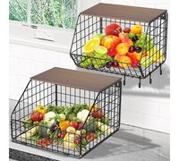 YADOBIG 2 Piezas Colgante Cesta de Fruta, Fruteros de Cocina de Metal, con Tapa de Madera, con 4 Ganchos, Apilables y Montables en la Pared, para Guardar Fruta y Verdura, Negro, 1 Grande 1 Pequeño