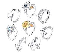 YADOCA 8 Anillos para Mujer - Anillo Antiestres Giratorio - Plata Ajustable - Zirconia Flor Girasol Margarita Estrella Lunar - Fidget - Ansiedad con Caja