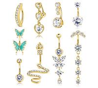 YADOCA 9Pcs 14G 316L Acero Quirúrgico Piercing Ombligo para Mujeres de Largo Dangly Belly Anillos CZ Corazón Serpiente Clicker Mariposa Ombligo Anillos Piercing Set