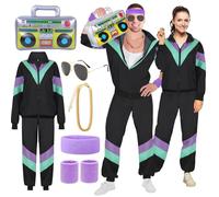 YADODO - Disfraz de año 80 90 para mujer, hombre, traje de año 80, chándal con chaqueta y pantalón de disfraz, año 80, accesorio para disfraz de discoteca retro para carnaval, fiesta de disfraz,