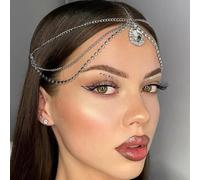 YAEISM Cadena de plata para la cabeza de diosa bohemia con diamantes de imitación para novia, boda, fiesta, disfraz, accesorios para el cabello, diadema gitana vintage para mujeres y niñas, Metal