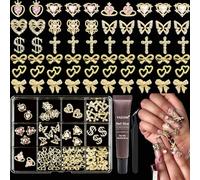 YAEISM Juego de 12 colgantes de clavo de oro con forma de corazón rosa con símbolo de dólar en 3D, cruz y mariposa, amuletos de lazo, Y2K con gel adhesivo, pinzas para mujeres, decoración artesanal