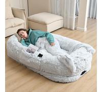 YAEM Cama para Perro Humano Que se Adapta a ti y a Tus Mascotas, Cama ortopédica Lavable de Piel sintética para Siesta, Almohada mullida, Manta, Correa Gris, 71 x 45 x 14 Pulgadas