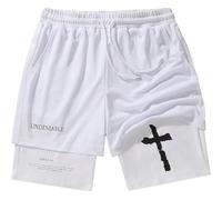 Yaepoip Pantalones Cortos 2 en 1 para Hombre: Todo lo Puedo en Cristo | con Forro Interior, cordón Ajustable, diseño Cristiano con Cruz de Jesús | Pantalones Cortos Deportivos (L,L)