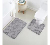 Yafa Home Fashion Juego de 2 alfombras de baño de espuma viscoelástica suave con diseño geométrico en relieve, parte trasera de PVC antideslizante (gris, 2 piezas: 20 x 20 pulgadas + 20 x 32 pulgadas)