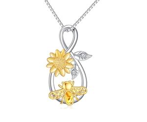 YAFEINI Collar de abeja de plata de ley con colgante de abeja infinita con flor de rosa, regalo para mujeres y adolescentes, 25*13MM, Plata esterlina, Sin piedra preciosa
