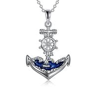YAFEINI Collar de Ancla de Plata de Ley Pulida con Ancla Náutica, Joyería Fina de Cristal Azul Océano para Hombres y Mujeres (A)