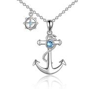 YAFEINI Collar de Ancla de Plata de Ley Pulida con Ancla Náutica, Joyería Fina de Cristal Azul Océano para Hombres y Mujeres (B)