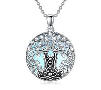 YAFEINI Collar de árbol de la vida con martillo de Thor para hombre y mujer, plata de ley 925, joyería vikinga nórdica, Plata esterlina, Piedra de luna