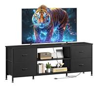 YaFiti - Mueble de TV para dormitorio con 4 cajones de tela, centro de entretenimiento con toma de corriente para TV de 55", cómoda con estantes abiertos y patas ajustables para salón, color negro