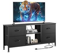 YaFiti Soporte de TV para dormitorio, tocador con 4 cajones de poliuretano y estantes abiertos para TV de 50 pulgadas, centro de entretenimiento con toma de corriente, cómoda para dormitorio, sala de