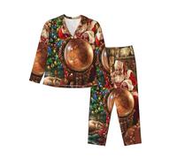 yagDAA Conjunto de pijama para mujer con estampado de Papá Noel 1, con bolsillos, manga larga, con botones, ropa de dormir, Negro, XXL