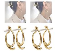 Yagerod Simple Curved Earrings, Wire Hoop Curved, Metal Punk Style Golden Ear Studs, Irregular Threader Circle Statement Hoops for Women Girls 2021 New (2 Pairs)