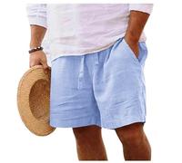 Yageshark Pantalones cortos de lino para hombre de verano, ligeros, aireados, monocolor, de ajuste holgado, de ocio, pantalones cortos, azul, L