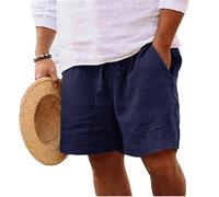 Yageshark Pantalones cortos de lino para hombre de verano, ligeros, aireados, monocolor, de ajuste holgado, de ocio, pantalones cortos, marine, L