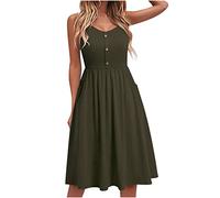Yageshark Vestido de verano para mujer, monocolor, espaguetis, swing hasta la rodilla, línea A, con botones, vestido midi, verde, L