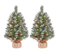 Yaheetech 2 Mini Árboles de Navidad Artificiales 61cm Altura 70 Ramas con 35 Luces LED Blanca cálida Bayas Rojas y 6 piñas para Decoración Navideña en Casa Oficina