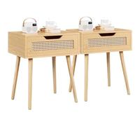 Yaheetech 2 pcs Mesillas de Noche Trenzada en RatánDormitorio Nordica Mesitas de Noche con Pata Madera Maciza Mesa Auxiliar con Cajón 48,5x41x57,5cm para Dormitorio Sala de Estar Salón
